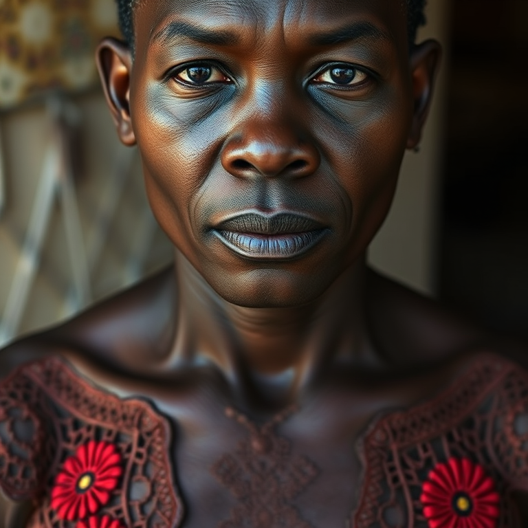 Face, shoulders, chest covered in openwork Cape Verdean embroidery. Raw, unedited image.