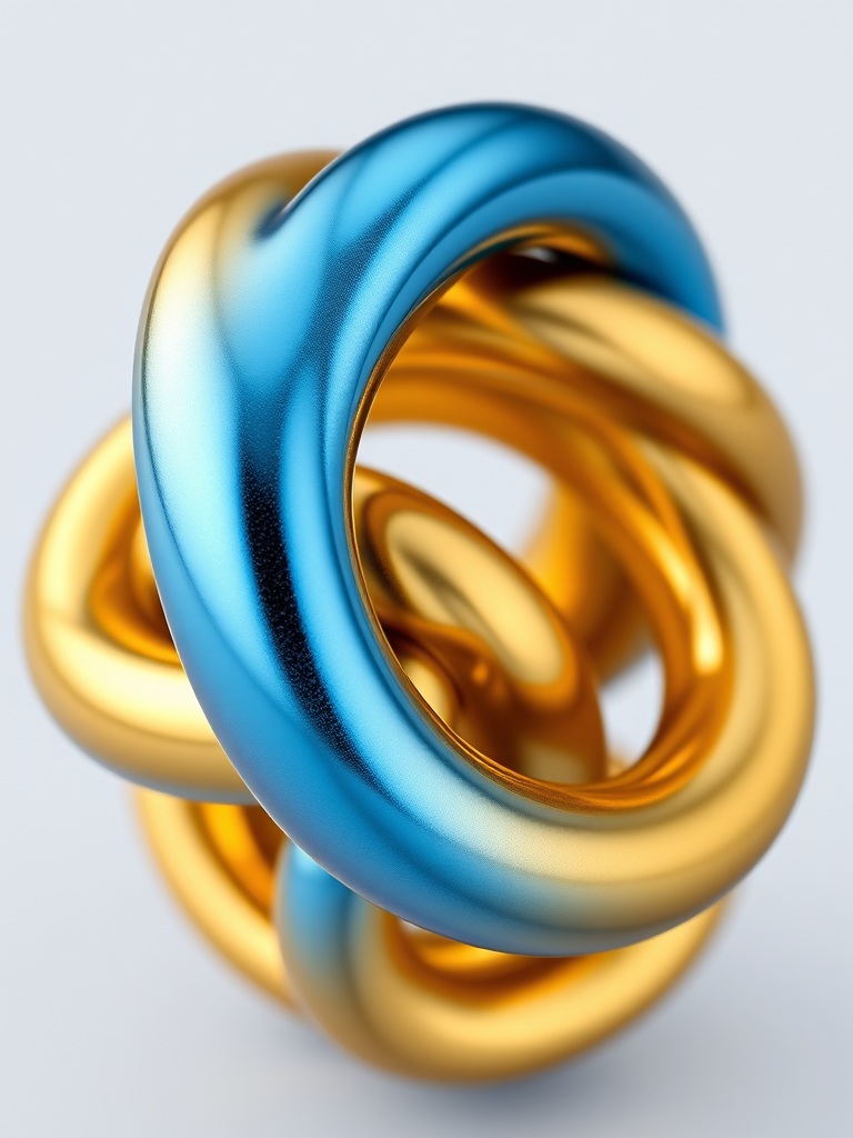 Generate a high-resolution 3D rendering of a twisted torus knot with a glossy gold and blue metallic finish, using a DSLR camera with a 50mm lens, aperture set to f/1.8, ISO 100, and a shallow depth of field to focus on the intricate surface details, shot from a slightly above angled perspective for depth.
