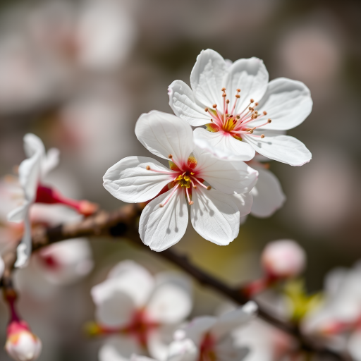Close-up of blooming cherry blossoms, shallow depth of field, f/2.8, 1/200s, ISO 100, macro lens, natural light, DSLR camera.