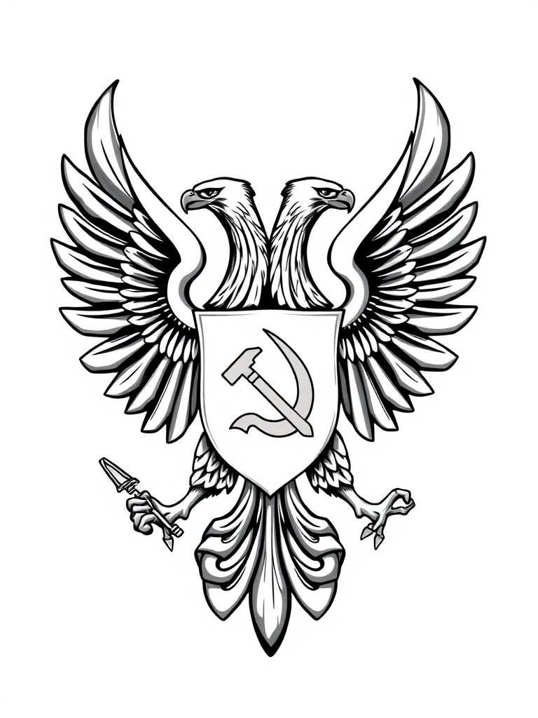 Create a detailed vector illustration of a majestic double-headed eagle emblem, featuring intricate feather details, a blank shield for customization, holding a hammer and sickle in its talons, set against a clean, contrasting background, captured with a high-resolution digital camera, f-stop at f/8 for sharpness, ISO 100 for minimal noise, and a natural lighting setup to enhance clarity and depth.