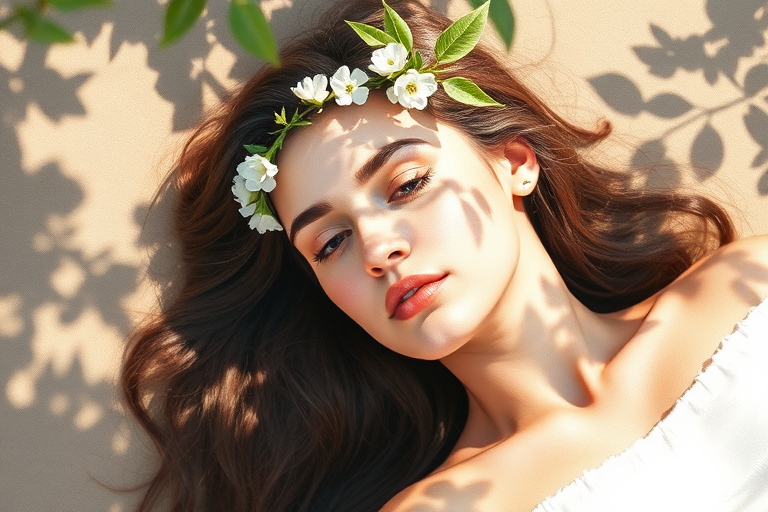 create a watercolor painting of an ethereal portrait of beautiful Ashkenazi woman with a simple white flower crown on her head. Her hair is long and she is lying on the ground. The sunlight on the trees casts shadows from the leaves on her face and body. The background is a neutral brown color that matches her skin tone. The image is minimalist and solid colors. This style is characterized by soft, delicate brushstrokes and a light, airy, contrasting color palette. High level of detail and play of light