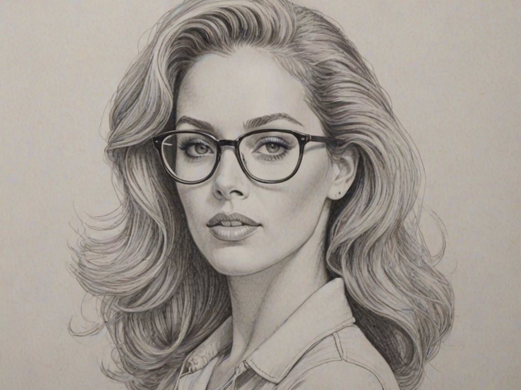 Delightful Elizabeth Berkley, pencil sketch, portrait of Bewitching woman 1961s in glasses, hair style beatnik, outline, clear lines, fine lines, 8k