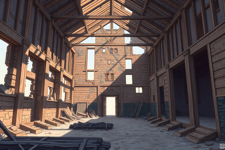 Create a high-resolution illustration of a crumbling building with exposed wooden beams and debris, using a DSLR camera with a 50mm lens, aperture set to f/2.8, ISO at 100, with a shallow depth of field to enhance focus on the structure while softly blurring the background.
