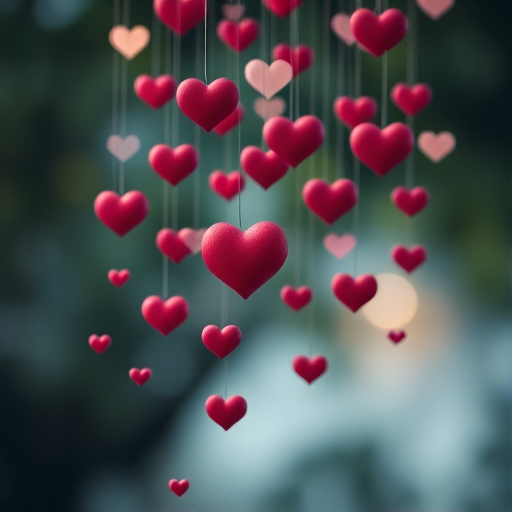 Generate an image of floating hearts in a rain-like configuration against a blurred, dreamy background, with soft bokeh lights; use a DSLR camera, settings: f/2.8 aperture, 50mm lens, ISO 200, shutter speed 1/60s, shot at a close-up angle to enhance detail and depth.