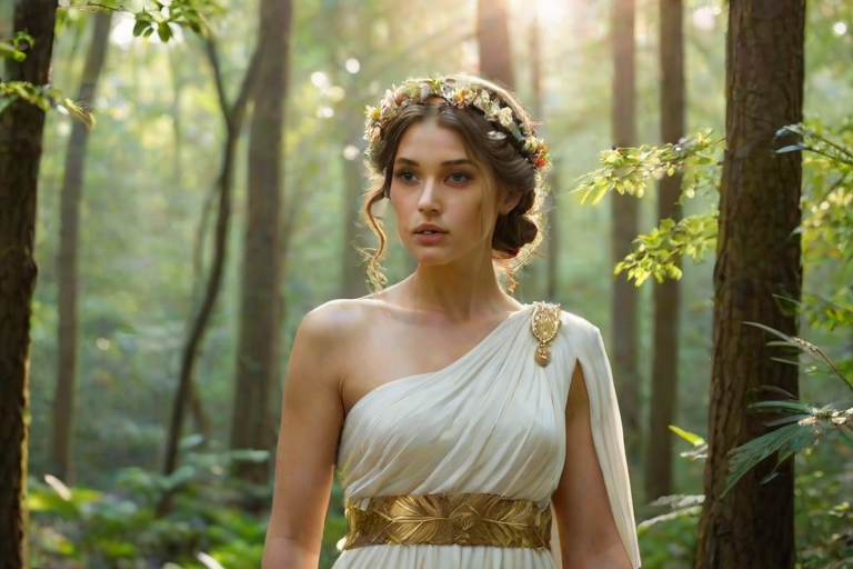 Create a portrait of a goddess-like female figure in a tranquil, forested environment. She has an elegant appearance with long, wavy hair styled in an updo and adorned with a delicate, floral headband. She wears a flowing, ancient Greek-inspired gown in a soft, pale color, featuring a one-shoulder design and draped fabric that accentuates her graceful form. The outfit includes a decorative belt with ornate gold detailing, and she holds a bow in her hand, with a quiver of arrows slung over her shoulder. The background depicts lush greenery, with sunlight filtering through the trees, casting a gentle, ethereal light on the scene. Her expression is calm and contemplative, embodying a sense of wisdom and serenity.
