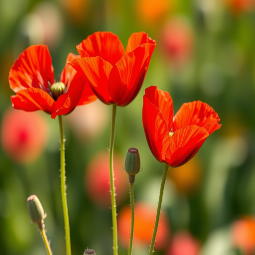 Create a vibrant watercolor painting of three blooming red poppies with delicate green stems and buds, using a Canon EOS R5 camera with a 50mm f/1.2 lens, in natural light at f/8 for sharp details, focus on the flowers with a soft bokeh background, emphasizing rich colors and textures.