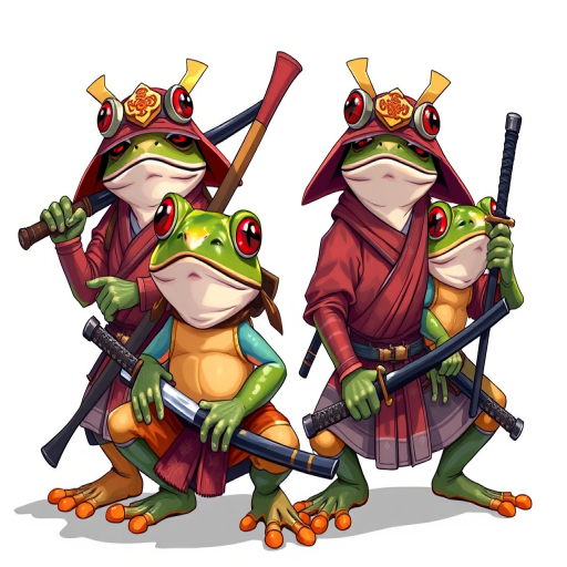Create a high-resolution illustration of four anthropomorphic frogs dressed as samurais, showcasing different poses and weapons, with vibrant colors and detailed textures, shot with a Canon EOS R5, 50mm f/1.2 lens, f/8 aperture, and natural lighting for enhanced clarity and depth.