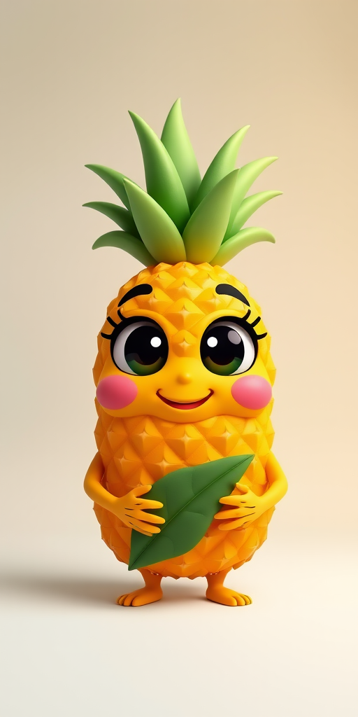 Create a 3D cartoon character of a smiling pineapple with big eyes and cute arms holding a leaf, set against a soft gradient background, using a DSLR camera with a 50mm lens, f/1.8 aperture, ISO 100, and 1/125 sec shutter speed for enhanced image quality.