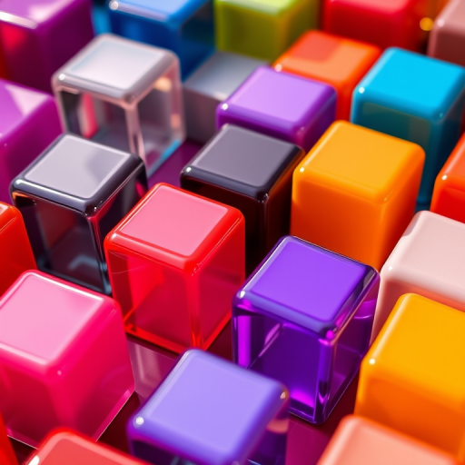Create a colorful array of glossy, reflective cubes in various sizes and vibrant hues, shot using a Canon EOS R5 at f/8 aperture, ISO 100, 50mm lens, macro view, with natural lighting to enhance the texture and reflections.