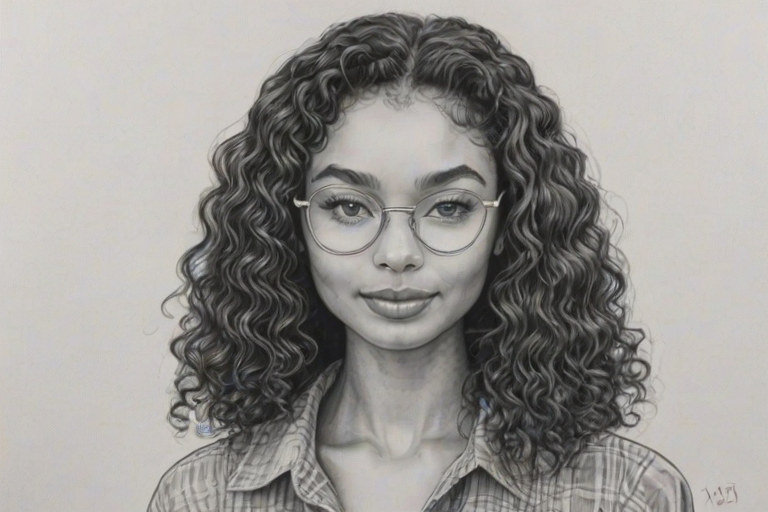 Wonderful Yara Shahidi, pencil sketch, portrait of Enticing woman 1967s in glasses, hair style beatnik, outline, clear lines, fine lines, 8k