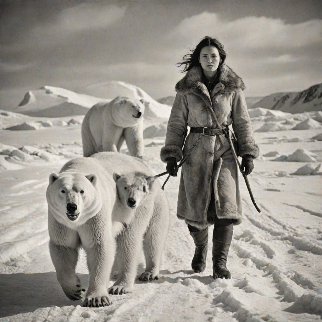 A very old photograph in black and white. The photo is badly damaged, faded, with scratches, tears, smudges and dirt. The photo is ultra-realistic and very detailed. It's a picture of an Arctic warrior. She is walking serenely towards the camera. At her side walks a majestic polar bear. Its fur shines in the sunlight. Snow, ice, sea. wind. snow in the air.