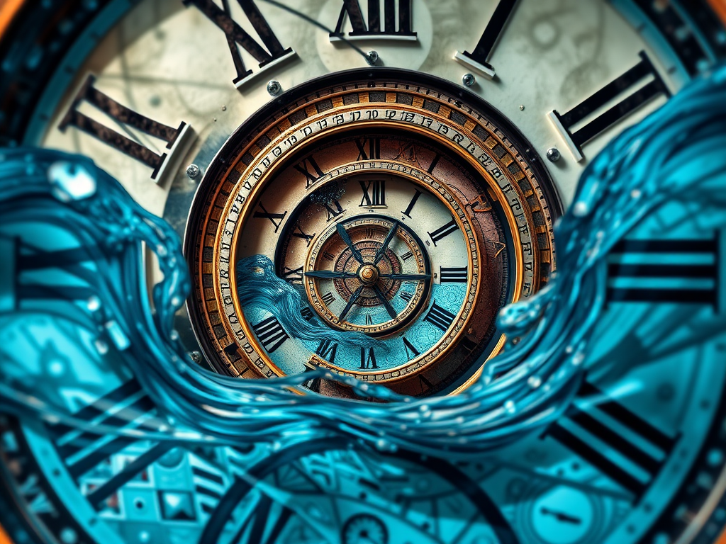 Create a highly detailed surrealistic image of an intricate clock with spiral elements and a blend of water and clock faces in the background, captured with a Canon EOS R5, 24mm lens, f/2.8 aperture, ISO 100, 1/125s shutter speed, using HDR photography style to enhance dynamic range and clarity.