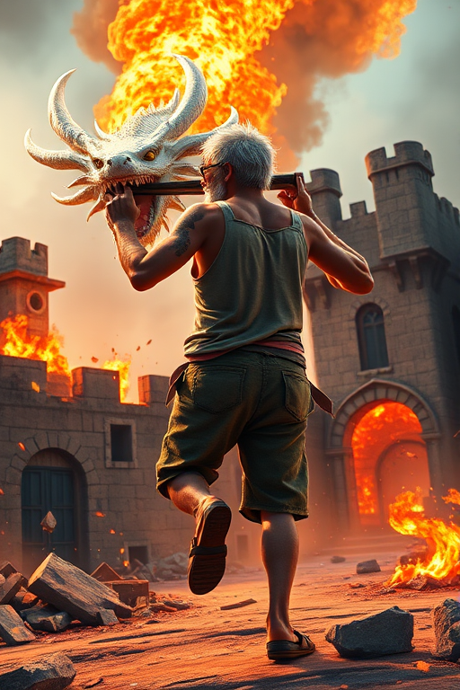 Cartoon 3D High-Resolution,dynamic battle scene using Unreal Engine 5 and Octane Render. The scene features back of an elderly, thai man with a beard,messy hair and round golden-rimmed glasses. He is wearing a tattered tank top with soot marks, shorts, and sandals. sweating. he wields a baseball bat. He jump to fight with a white fire-breathing Europe dragon amidst a partially destroyed stone castle. Include intense flames, smoke, and debris to enhance the dramatic effect.