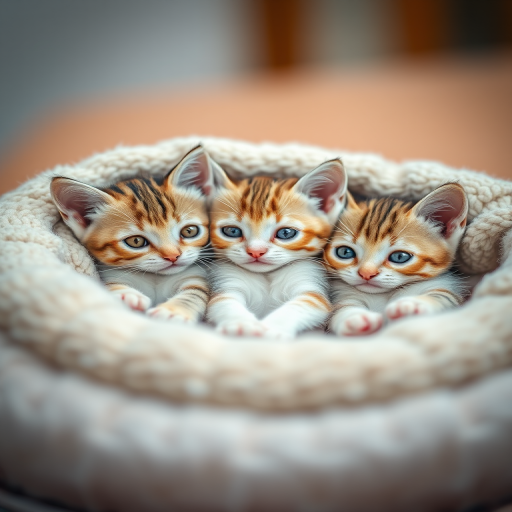 three adorable kittens nestled in a soft, cozy blanket, shallow depth of field, natural soft lighting, 50mm lens, f/1.8, ISO 200, Canon EOS R5, portrait view, high resolution