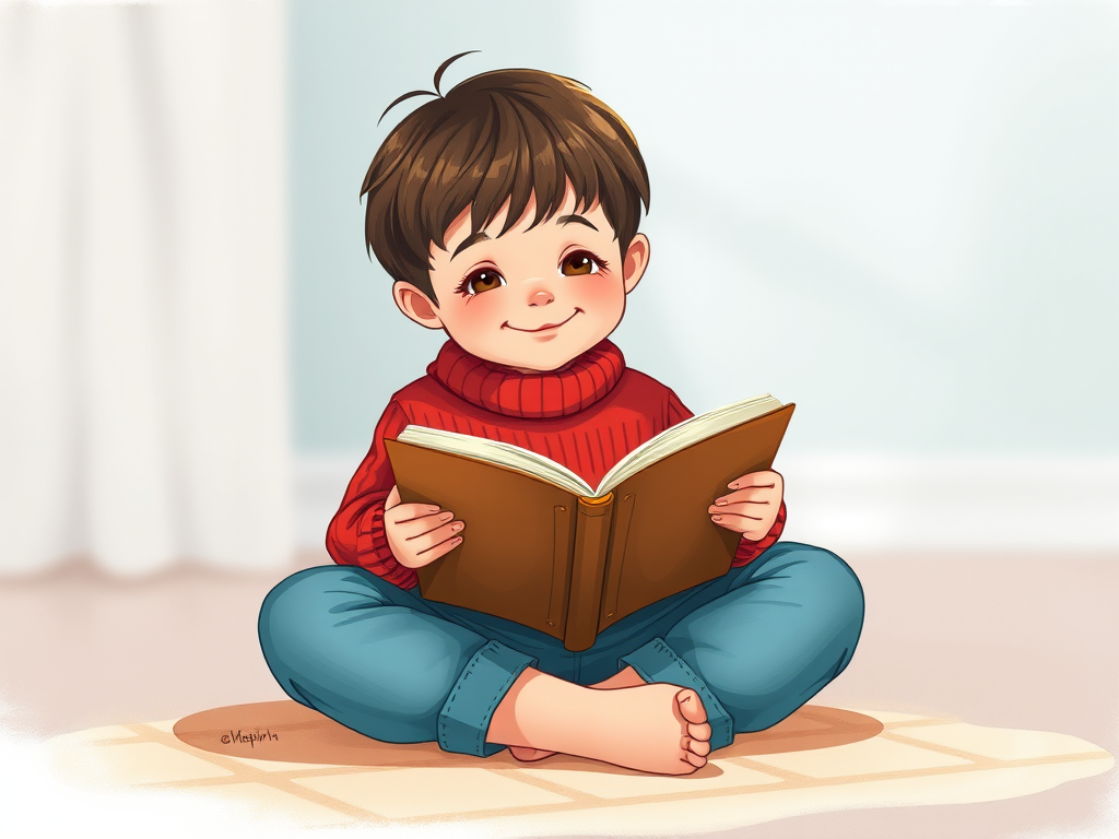 Create an illustration of a young child reading a book, seated cross-legged on the floor, wearing a cozy red sweater and blue pants, with a smiling expression, in high resolution, with a soft focus background and vibrant colors to enhance the whimsical feel, shot with a Canon EOS R5, 50mm lens at f/1.8, natural light, 1/125s shutter speed.