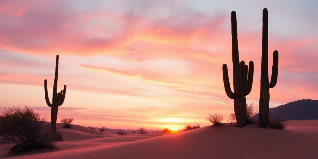 Sharp, high-resolution image of a desert landscape at sunrise, soft pink and orange hues painting the sky, tall cacti standing in silhouette, soft shadows cast on the sand dunes, and a feeling of vastness and solitude.
