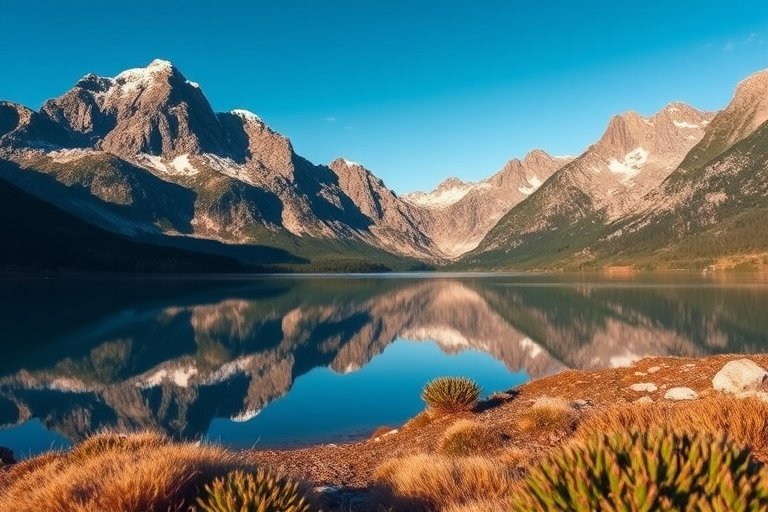 Mountain landscape with a serene lake reflecting the peaks, use a Canon EOS R5 with a 24-70mm f/2.8 lens, aperture f/8, shutter speed 1/125 sec, ISO 100, shot from a low angle to enhance the foreground, and use natural lighting for vibrant colors.