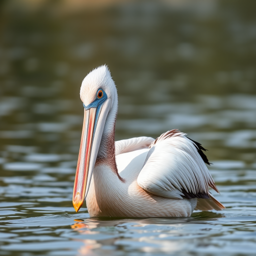 Regenerate an image of a pelican in sharp detail with a shallow depth of field, ISO 100, f/2.8 aperture, 1/200 sec shutter speed, 50mm lens, taken from a low angle to highlight the bird against a blurred background of water.