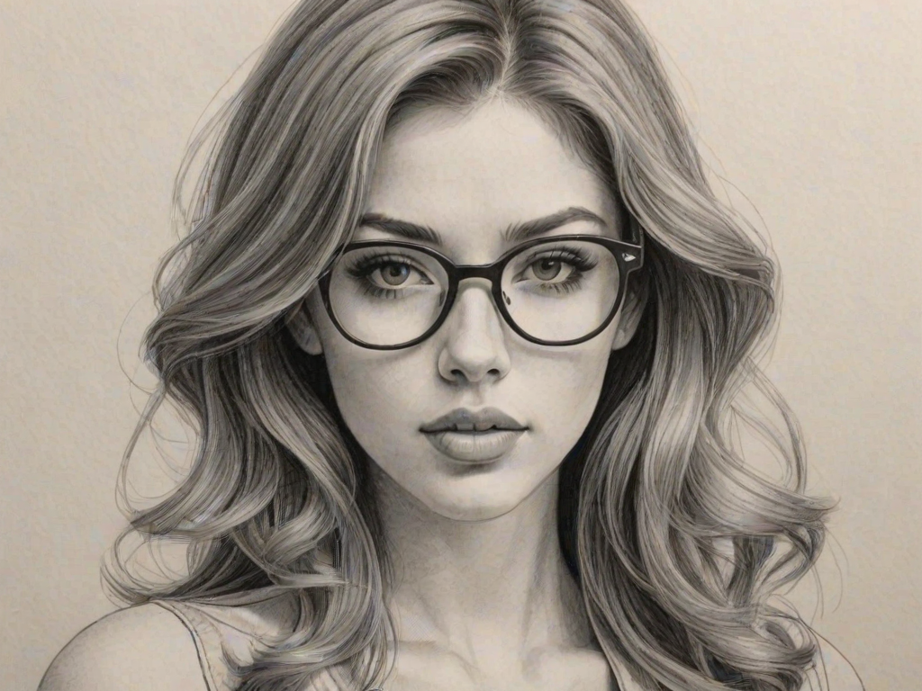 Alluring Elena Satine, pencil sketch, portrait of Fetching woman 1967s in glasses, hair style beatnik, outline, clear lines, fine lines, 8k