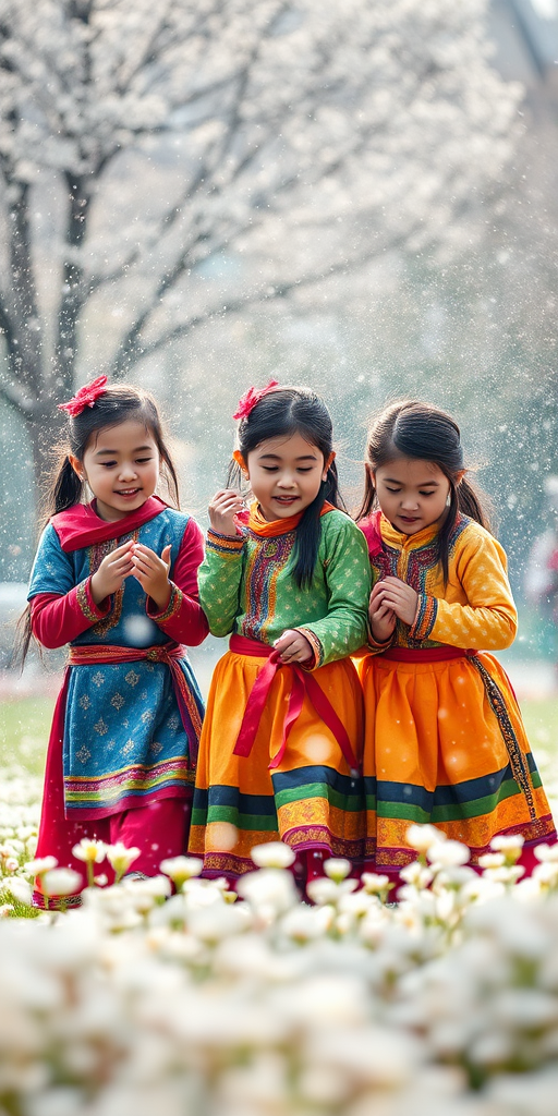 three girls in traditional colorful clothing playing in a snow-like flower shower, soft focus background, early spring setting, captured with a Canon EOS R5, 50mm lens, f/1.8, ISO 100, shallow depth of field, natural light, slight vignette effect
