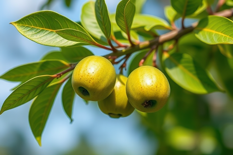 Generate a high-resolution illustration of a branch with green fruits and leaves, use a macro lens perspective, aperture f/2.8 for a shallow depth of field, ISO 100 for enhanced clarity, and natural soft lighting to highlight the details.