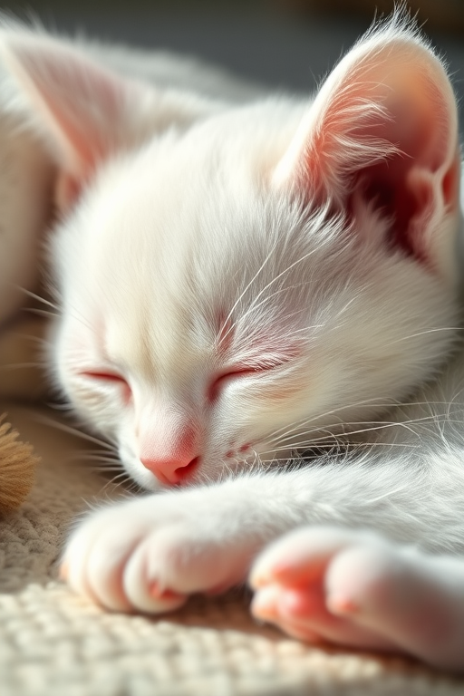 A close-up shot of a sleeping white kitten, soft natural light, shallow depth of field, ISO 100, f/2.8, 50mm lens, DSLR camera, capturing textures and gentle shadows.