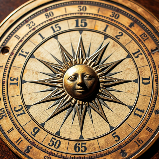 Regenerate the image of a vintage sundial with a sun face at the center, featuring intricate rays emanating from it, displaying the numbers 1 to 12 around the perimeter, using a DSLR camera, 50mm lens, f/2.8 aperture, ISO 100, and natural light, focused on fine details and textures.