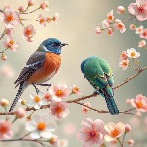 Create a high-resolution illustration of colorful birds perched on branches among delicate pastel floral patterns, using a Canon EOS R5 with a 50mm f/1.2 lens, at f/2.8, ISO 100, and a soft focus background to enhance the vibrancy of the colors and details in the composition.