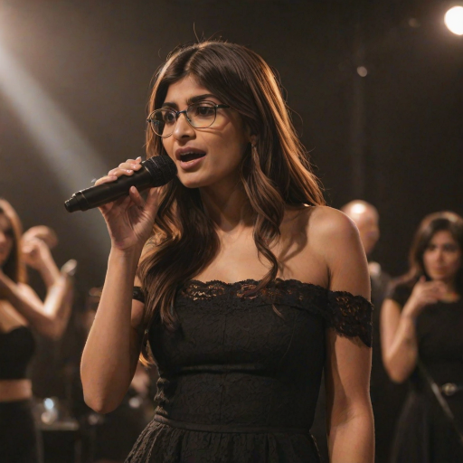 mia khalifa with long, flowing brown hair is standing in the center of the frame, holding a microphone in her right hand, and looking slightly off to the right side of the frame. She is wearing a black, off-the-shoulder dress with delicate lace detailing. The lighting is warm and dramatic, creating a spotlight effect on the singer. There are other figures in the background, blurred and out of focus, suggesting a concert or performance setting. The camera angle is low, capturing the woman from the waist up. The overall atmosphere is intimate and captivating.