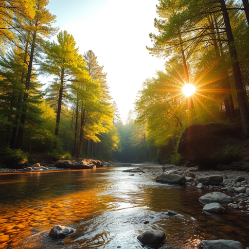 Create an image of a serene, sunlit forest scene with a clear, gently flowing river. Tall trees with lush green foliage line both sides of the river, their leaves bathed in the warm golden light of the setting or rising sun. The sunlight filters through the trees, casting soft, dappled light on the river, which flows over smooth rocks and pebbles, creating a peaceful, natural atmosphere. The sky is bright with a few scattered clouds, and the overall mood is tranquil, evoking a deep sense of connection with nature. The image captures the beauty of a calm, pristine forest landscape at either dawn or dusk.