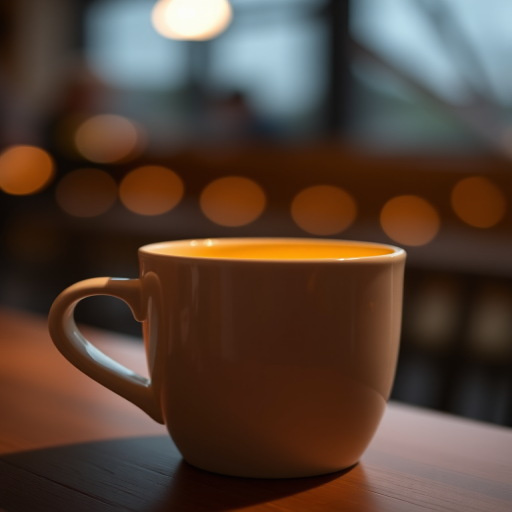Create a soft-focus image of a white coffee cup with a warm yellow interior, positioned prominently in the foreground, with blurred bokeh lights in the background, using a DSLR camera at f/2.8 aperture, 50mm lens, 1/60 shutter speed, and ISO 200 for enhanced image clarity and depth of field.