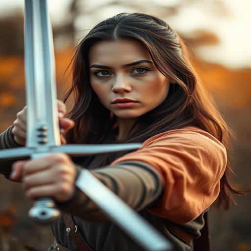 Portrait of a woman wielding a sword, standing in a natural setting with warm, blurred colors in the background, captured with a Canon EOS R5, 50mm lens, f/1.8 aperture, 1/200s shutter speed, soft focus effect, high dynamic range.