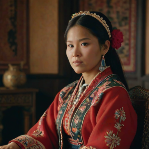 A beautiful Quechua woman in traditional East Asian attire, intricately detailed with embroidered patterns, sitting gracefully in a richly decorated room, soft ambient lighting, serene and elegant, ultra-realistic, 8K resolution