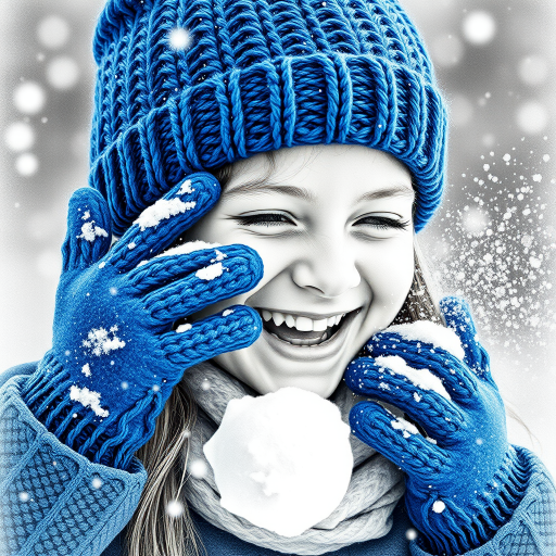 A hyperdetailed photorealistic macro image black and white pencil sketch of a young girl getting hit by a snowball during a snowball fight. She is wearing a brilliant sapphire blue wool beanie and bright blue mittens. She is trying to block the snowball by putting her hands up. The snowball hits her beanie and disintegrates into myriad tiny snowflakes caught with high speed photography. The girl is laughing and having a wonderful time.