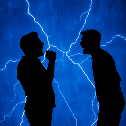 Create a silhouette image of two people shouting at each other against a blue abstract background with lightning effects, use a DSLR camera set to f/4 aperture, ISO 100, and a 50mm lens, with a soft-focus effect for artistic enhancement.
