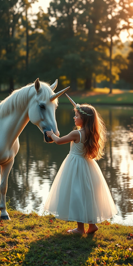 Capture a serene scene of a girl in a white dress reaching out to a unicorn by a tranquil pond, soft golden light filtering through the trees, focus on the reflection in the water, use a Canon EOS R5, aperture f/2.8, ISO 100, shutter speed 1/250s, 50mm lens, positioned at eye level for a magical atmosphere.
