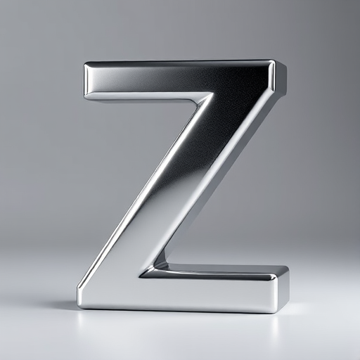 Create a high-resolution image of a 3D silver letter Z with a reflective surface, using a DSLR camera with an aperture of f/8, ISO 100, and 50mm focal length, in a studio setting with soft lighting for enhanced detail and clarity.