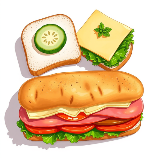 Create a vibrant, high-resolution illustration of three sandwiches: one with cucumber on white bread, one with cheese and lettuce, and a sub sandwich with layered meats and vegetables, using a DSLR camera with a 50mm lens, f/2.8 aperture, 1/100 sec shutter speed, natural lighting, top-down view, and crisp focus for enhanced detail.