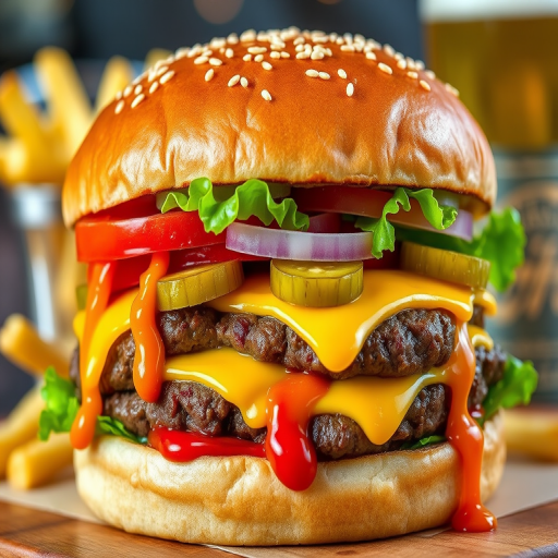 High-resolution, close-up image of a gourmet double cheeseburger. The burger features a glossy, sesame-seed-topped brioche bun. Inside, there are two thick, juicy beef patties, each topped with melted cheddar cheese. The burger is garnished with fresh lettuce, tomato slices, diced onions, and pickles. A generous amount of ketchup and a creamy, orange-colored sauce is dripping down the sides, adding to the mouth-watering appeal. In the background, there are blurred elements including a side of golden French fries and a hint of a beverage, enhancing the overall presentation of a delicious meal.