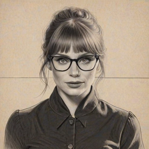 Enchanting Bryce Dallas Howard, pencil sketch, portrait of Bewitching woman 1954s in glasses, hair style beatnik, outline, clear lines, fine lines, 8k