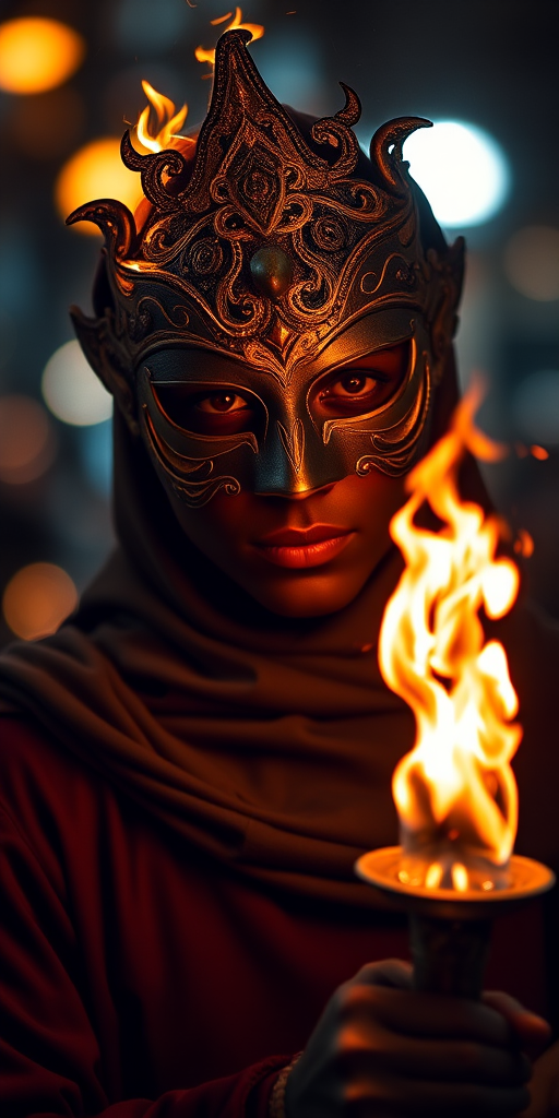 Portrait of a person wearing an ornate mask with a fiery torch in hand, surrounded by bokeh lights, taken with a Canon EOS R5, 50mm lens, f/1.2 aperture, ISO 100, shutter speed 1/200s, in low light for enhanced detail and depth.