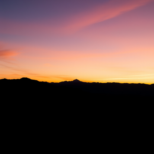 Generate an image of a minimalist landscape featuring a silhouette of mountains at sunset, using a Canon EOS R5 with a 50mm lens, aperture set to f/8, ISO 100, with a panoramic view and soft lighting to enhance the colors in the sky.