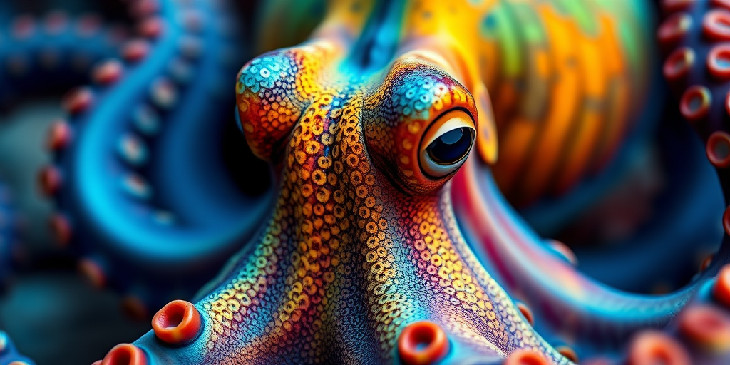 Generate a high-quality illustration of a stylized octopus with vibrant colors and intricate details, taken with a Canon EOS R5 at f/1.8, ISO 100, 1/200s, capturing a close-up view with a shallow depth of field for enhanced focus on the octopus.