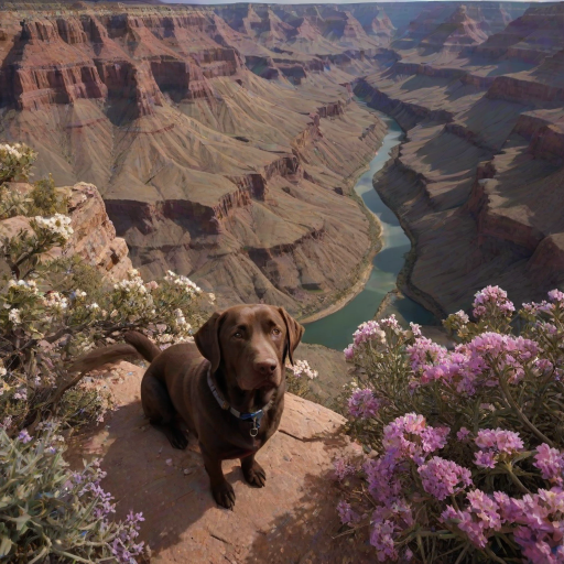 dark and unsettling dream showing in Grand Canyon, USA, Overhead View, sage and brown Labrador Retriever is esthetic, captivating spring bloom on the background , avatar of elements. magical surrealism, wizardry. best quality, high resolution (embedding:dw01-3400:0.8) <lora:F_QuinnXL:0.8>