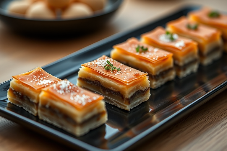 Capture a close-up of beautifully arranged baklava on a sleek black plate, using a Canon EOS R5, 50mm f/1.2 lens, aperture set to f/2.8, ISO 100, shutter speed 1/125s, natural lighting for enhanced textures, shallow depth of field for a soft background blur.