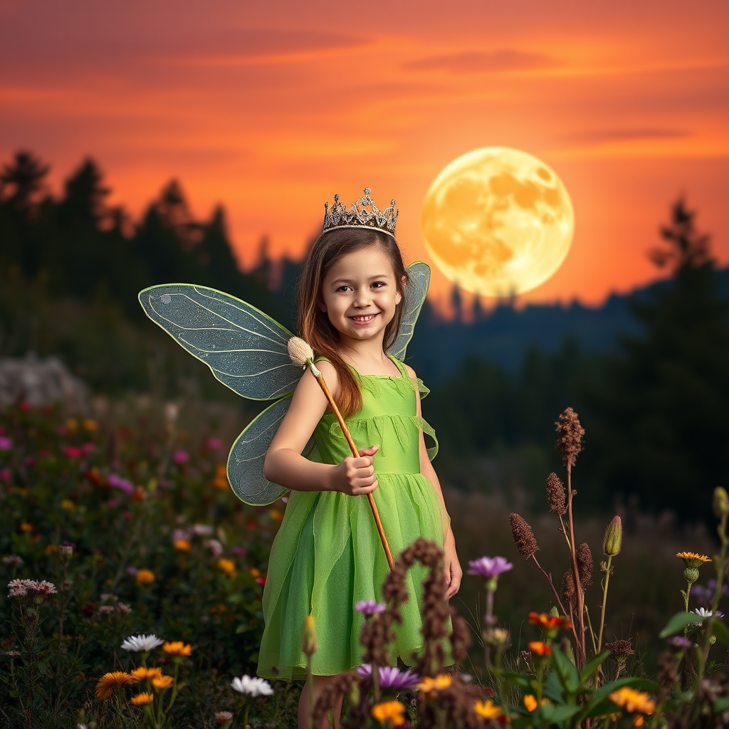 A vivid photo  taken under a bright camera flash of a fantastical scene set against a backdrop of a forest during sunset. The main subject is a girl dressed as a fairy, adorned with translucent wings and a green dress, holding a wand, her face is happy, and she wears a crown on her head. The forest behind her is a blend of flowers, shrubs and trees. The sky is painted in hues of orange and pink, with a large, glowing moon casting a warm glow over the scene. The overall color palette is dominated by earthy tones.