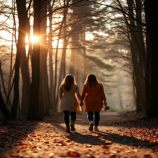 Warm, softly lit image of a couple walking hand-in-hand through a quiet forest, sunlight filtering through the trees, soft crunch of leaves underfoot, a sense of peace and tranquility in the air, distant birds chirping in the background.