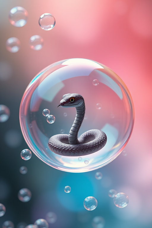 create a close-up image of a small, whimsical snake inside a transparent bubble surrounded by floating bubbles, with a soft, dreamy background and vibrant lighting