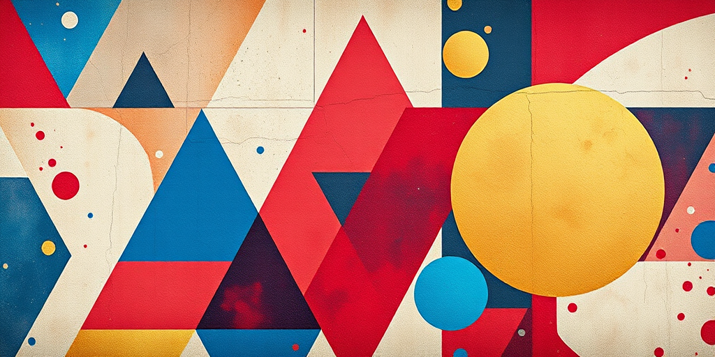 Generate a high-quality abstract geometric mural featuring triangular and circular shapes in vibrant colors of red, blue, and gold, with a cosmic theme, shot using a full-frame DSLR camera at f/8, ISO 100, 50mm lens, from a straight-on perspective for detailed texture clarity.