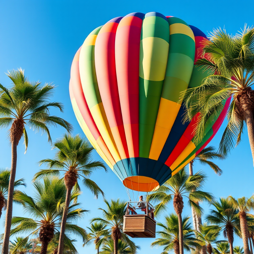 highly detailed illustration of a colorful hot air balloon surrounded by palm trees, vibrant colors, bright blue sky, camera settings: ISO 100, aperture f/8, shutter speed 1/250 sec, camera view: close-up, camera style: vivid colors, camera type: digital SLR